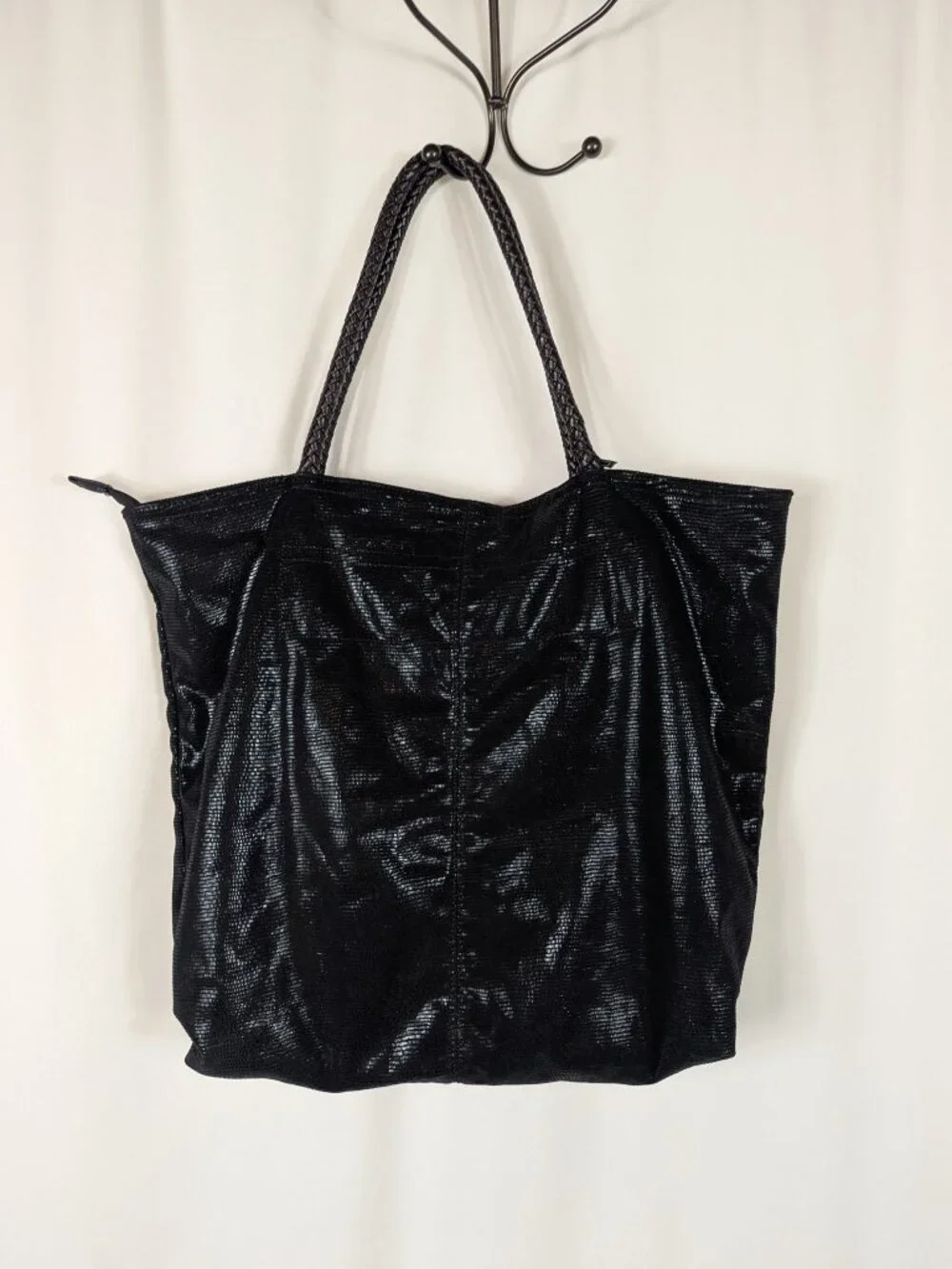 Vieta Black Tote Shoulder Bag Shiny Metallic Fabric Braided Double Handle Lined